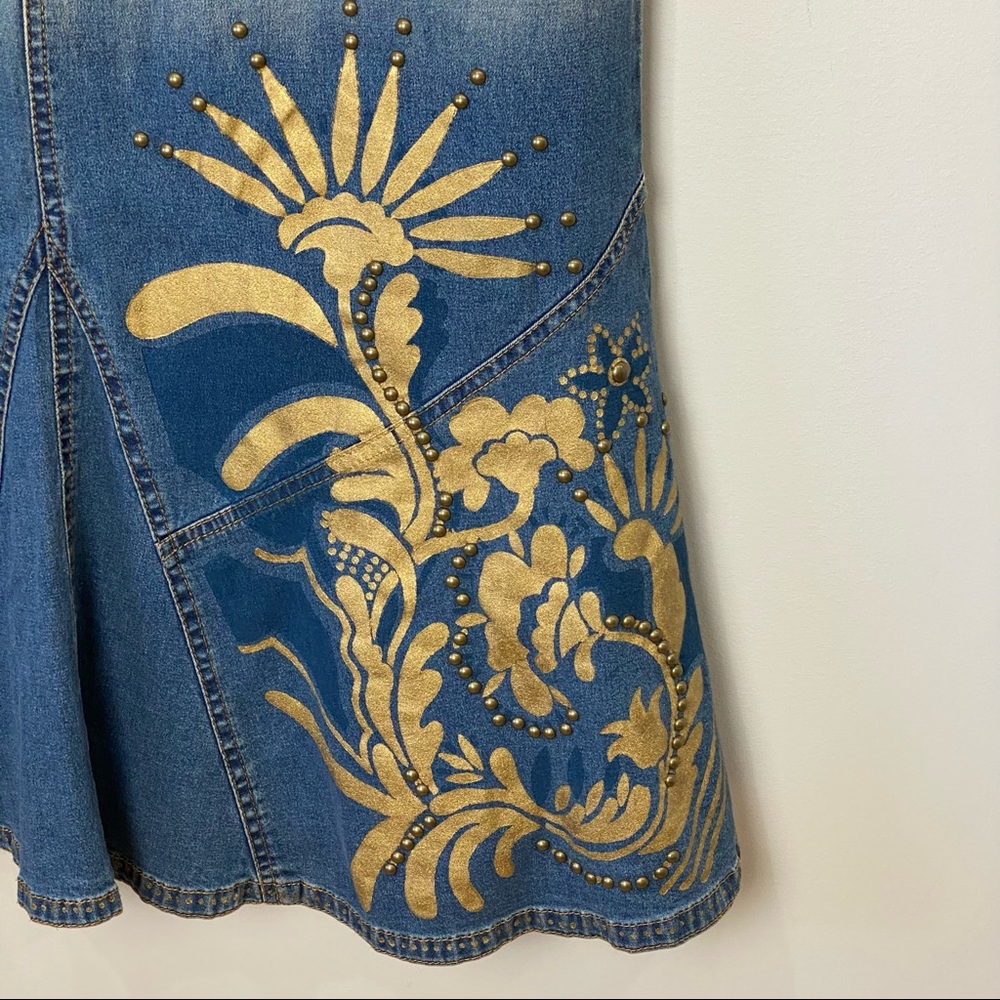 Double D Ranch denim skirt pained floral gold maxi studded. Waist 28. Length 37 - Picture 3 of 9